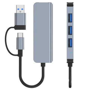 Techsuit - Докинг станция DataBridge 4 в 1 (H8) - USB, Type-C към USB 3.0, 3x USB 2.0 - Сив
