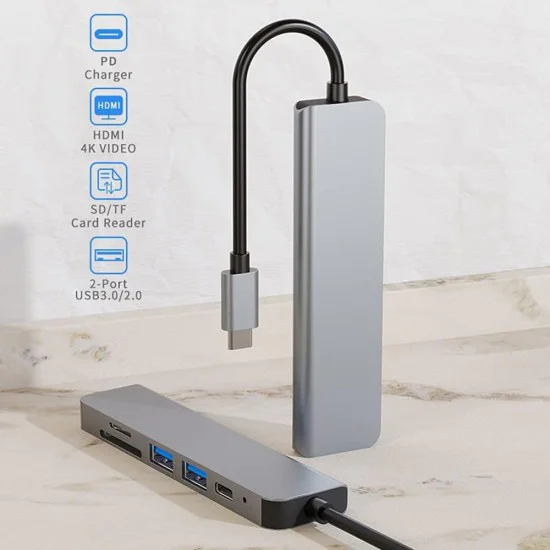 Techsuit - Докинг станция TurboChargeX 6 в 1 (H5) - Type-C към 2x USB, Type-C, HDMI, TF/SD карта, PD87W, 4K@30Hz - Сив