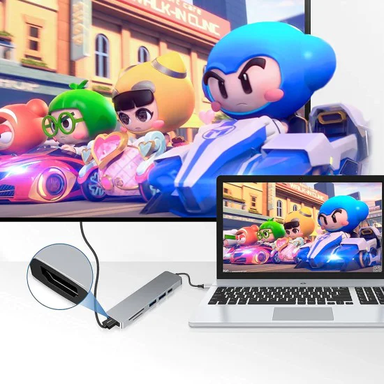 Techsuit - Докинг станция TurboChargeX 6 в 1 (H5) - Type-C към 2x USB, Type-C, HDMI, TF/SD карта, PD87W, 4K@30Hz - Сив