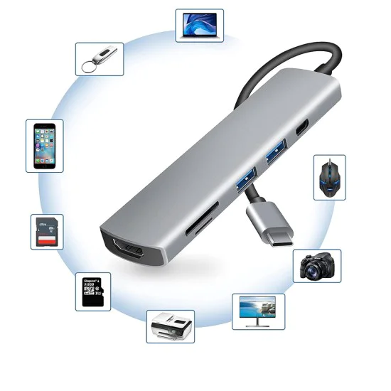 Techsuit - Докинг станция TurboChargeX 6 в 1 (H5) - Type-C към 2x USB, Type-C, HDMI, TF/SD карта, PD87W, 4K@30Hz - Сив