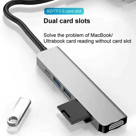 Techsuit - Докинг станция TurboChargeX 6 в 1 (H5) - Type-C към 2x USB, Type-C, HDMI, TF/SD карта, PD87W, 4K@30Hz - Сив
