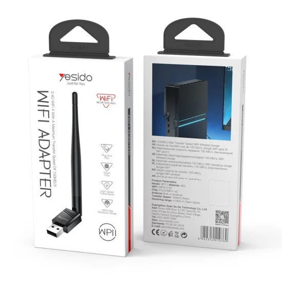 Wi-Fi адаптер – Yesido WP11 – външна антена, WiFi4, USB2.0, 150Mbps, Plug&Play – Черен