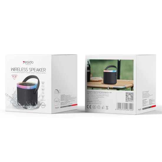 Безжична колонка – Yesido Wireless Speaker (YSW25) – Bluetooth 5.3, RGB, IP67, дръжка, TF/AUX/USB/Type-C, 1800mAh – Черна
