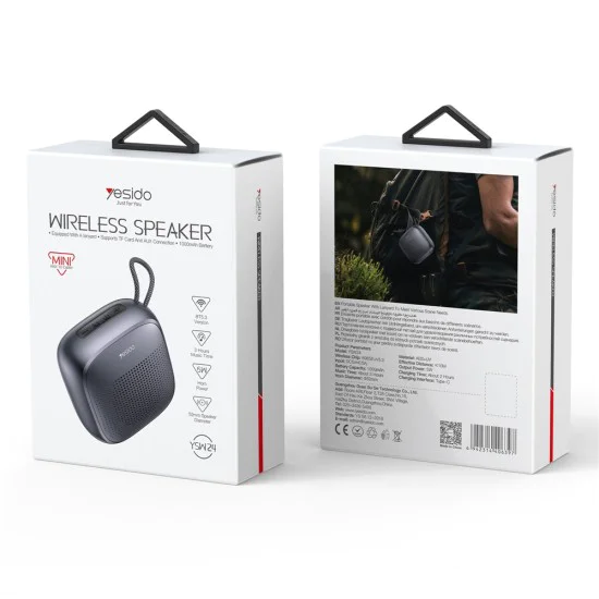 Безжична тонколона (YSW24) - Yesido - Bluetooth 5.3, мини дизайн, водоустойчива, връзка за ръка, TF/AUX - Черно