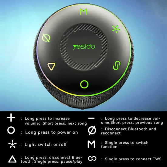Безжична колонка – Yesido Wireless Speaker (YSW22) – Bluetooth 5.3, TWS, RGB, IPX6, Radio FM, TF/AUX, Type-C, 4500mAh, 30W – Черна