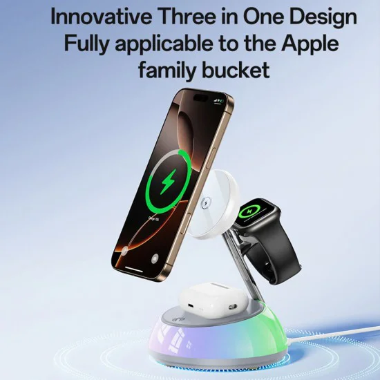 Зарядна станция 3 в 1 – Yesido Wireless Charging Station (DS31) – Магнитна, RGB, за iPhone, Apple Watch, AirPods – Бяла