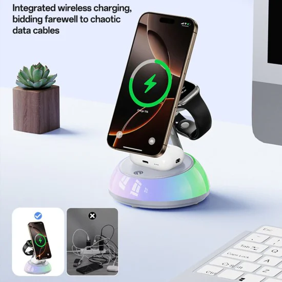 Зарядна станция 3 в 1 – Yesido Wireless Charging Station (DS31) – Магнитна, RGB, за iPhone, Apple Watch, AirPods – Бяла