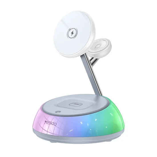 Зарядна станция 3 в 1 – Yesido Wireless Charging Station (DS31) – Магнитна, RGB, за iPhone, Apple Watch, AirPods – Бяла