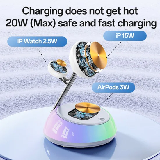 Зарядна станция 3 в 1 – Yesido Wireless Charging Station (DS31) – Магнитна, RGB, за iPhone, Apple Watch, AirPods – Бяла