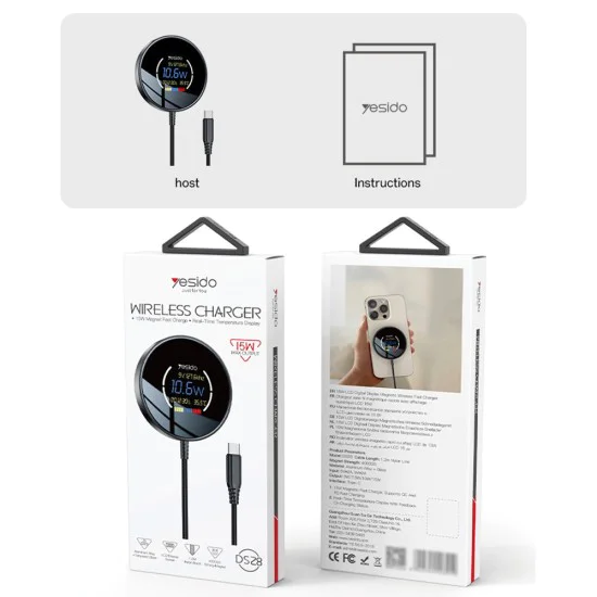 Зарядна станция – Yesido Wireless Charging Station (DS28) – Магнитна, Дисплей, 15W, Type-C – Черен