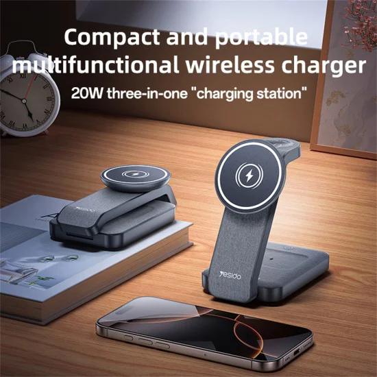 Зарядна станция – Yesido Wireless Charging Station (DS26) – Магнитна, за телефон/часовник/слушалки, Сгъваема, Нощна светлина – Сива
