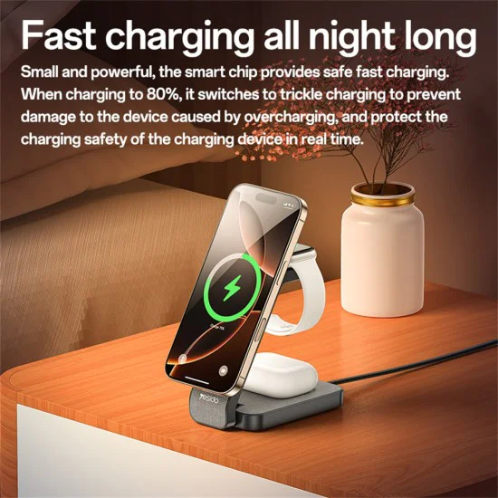 Зарядна станция – Yesido Wireless Charging Station (DS26) – Магнитна, за телефон/часовник/слушалки, Сгъваема, Нощна светлина – Сива