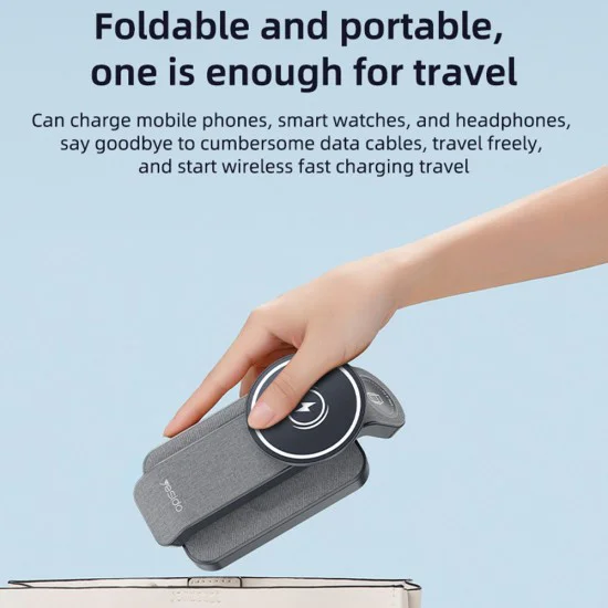 Зарядна станция – Yesido Wireless Charging Station (DS26) – Магнитна, за телефон/часовник/слушалки, Сгъваема, Нощна светлина – Сива