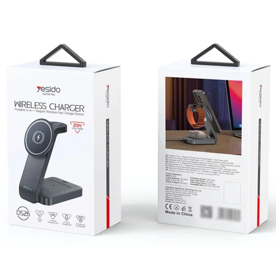 Зарядна станция – Yesido Wireless Charging Station (DS26) – Магнитна, за телефон/часовник/слушалки, Сгъваема, Нощна светлина – Сива