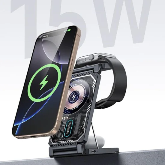 Зарядна станция – Yesido Wireless Charging Station (DS25) – Бързо зареждане, Магнитна, за телефон/часовник/слушалки – Черен