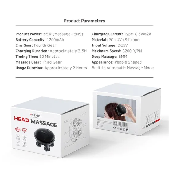Масажор за глава – Yesido Handheld Head Massager (MG04) – 4 приставки, EMS, 1200mAh, 3200RPM – Черен