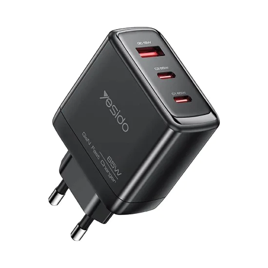 Зарядно за стена – Yesido Wall Charger (YC144C) – GaN, бързо зареждане, 2× Type-C, PD65W, QC18W, USB-C кабел 1m – Черно
