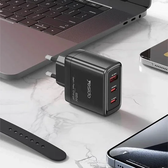 Зарядно за стена – Yesido Wall Charger (YC144C) – GaN, бързо зареждане, 2× Type-C, PD65W, QC18W, USB-C кабел 1m – Черно