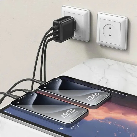 Зарядно за стена – Yesido Wall Charger (YC144C) – GaN, бързо зареждане, 2× Type-C, PD65W, QC18W, USB-C кабел 1m – Черно