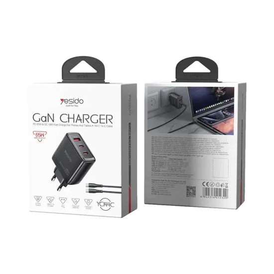 Зарядно за стена – Yesido Wall Charger (YC144C) – GaN, бързо зареждане, 2× Type-C, PD65W, QC18W, USB-C кабел 1m – Черно