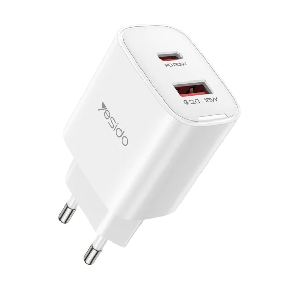 Зарядно за стена – Yesido Wall Charger (YC02E) – Quick Charge, USB + Type-C, PD20W, QC18W – Бяло
