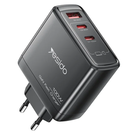 Зарядно за стена – Yesido Wall Charger (YC142) – GaN, бързо зареждане, 3 в 1, 2× Type-C, 100W – Черно