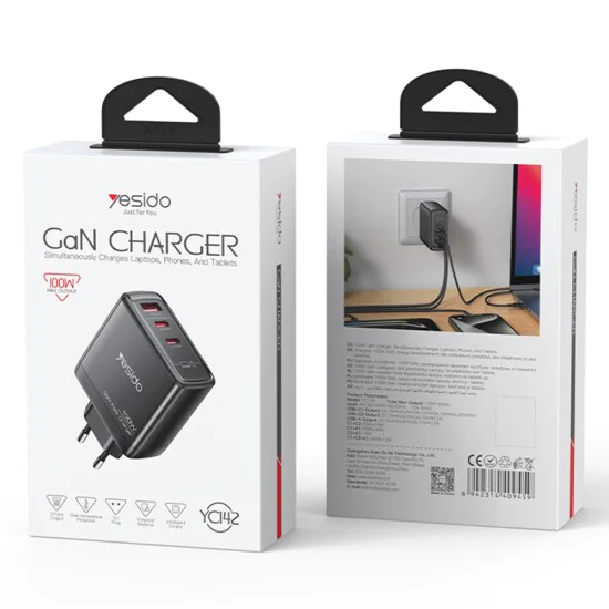 Зарядно за стена – Yesido Wall Charger (YC142) – GaN, бързо зареждане, 3 в 1, 2× Type-C, 100W – Черно
