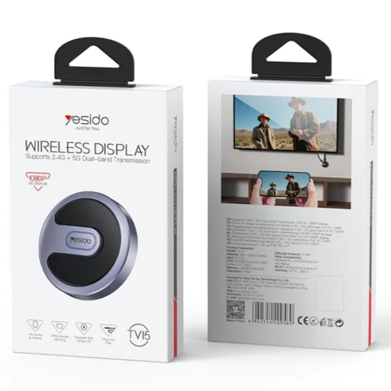 HDMI Miracast адаптер – Yesido Screen Mirroring Dongle (TV15) – Dual WiFi 2.4/5GHz, HDTV, 1080P, 5V/1A – Сив