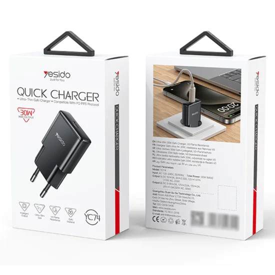 Зарядно за стена – Yesido Wall Charger (YC74) – GaN, ултра-тънко, Smart Chip, Type-C, PD30W – Черно