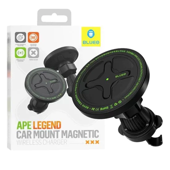 Blueo - Стойка за кола с безжично зареждане Ape Legend - за вентилационен отвор, Type-C, 15W, 360° въртене - Черна