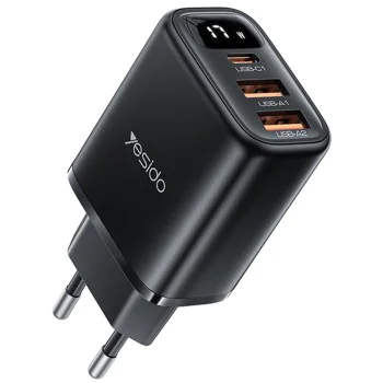 Зарядно за стена (YC67) - Yesido - дигитален дисплей, 3в1 (2x USB, Type-C), 17W, за телефон и таблет - Черно