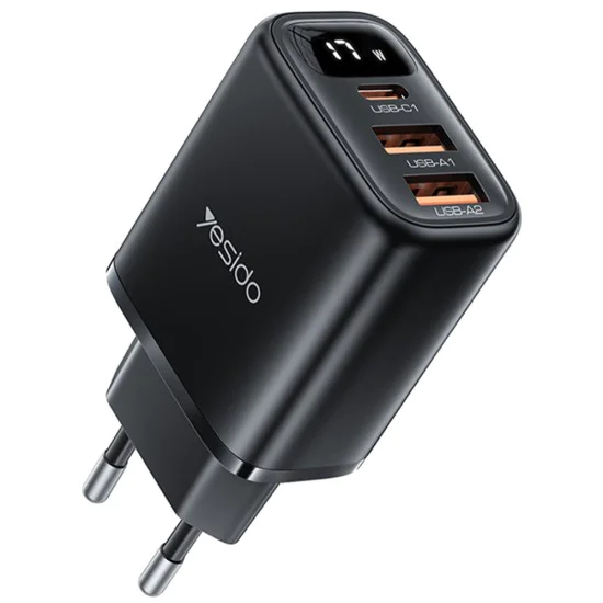 Зарядно за стена (YC67) - Yesido - дигитален дисплей, 3в1 (2x USB, Type-C), 17W, за телефон и таблет - Черно