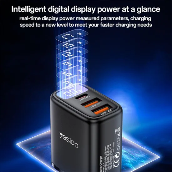 Зарядно за стена (YC67) - Yesido - дигитален дисплей, 3в1 (2x USB, Type-C), 17W, за телефон и таблет - Черно