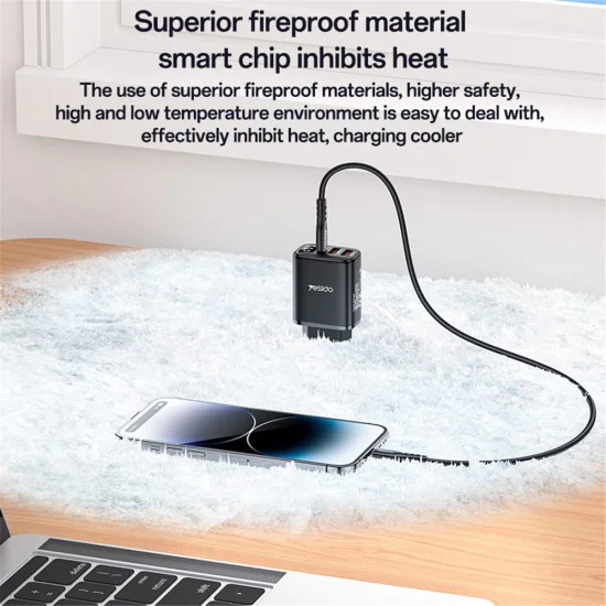 Зарядно за стена (YC67) - Yesido - дигитален дисплей, 3в1 (2x USB, Type-C), 17W, за телефон и таблет - Черно