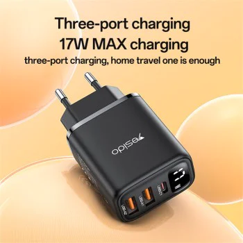 Зарядно за стена (YC67) - Yesido - дигитален дисплей, 3в1 (2x USB, Type-C), 17W, за телефон и таблет - Черно