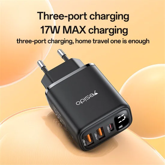 Зарядно за стена (YC67) - Yesido - дигитален дисплей, 3в1 (2x USB, Type-C), 17W, за телефон и таблет - Черно