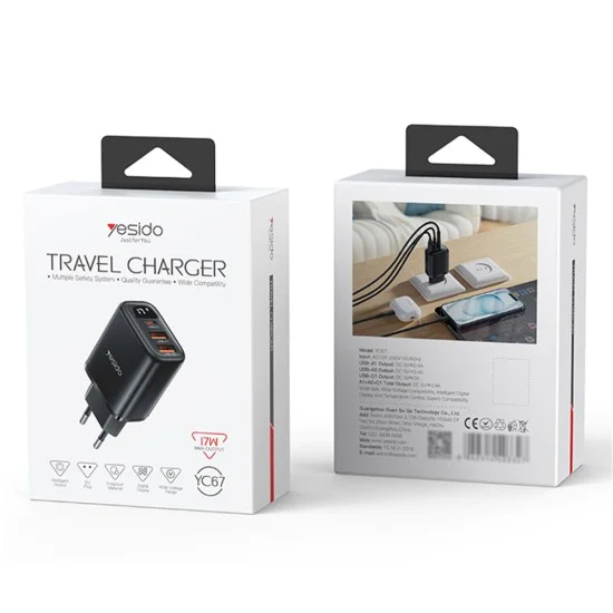 Зарядно за стена (YC67) - Yesido - дигитален дисплей, 3в1 (2x USB, Type-C), 17W, за телефон и таблет - Черно