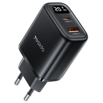 Зарядно за стена – Yesido Wall Charger (YC68) – Дигитален дисплей, Quick Charge, Type-C, 20W – Черно