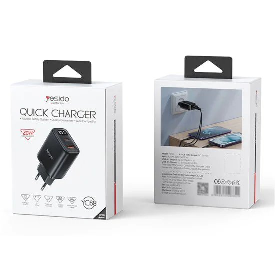 Зарядно за стена – Yesido Wall Charger (YC68) – Дигитален дисплей, Quick Charge, Type-C, 20W – Черно