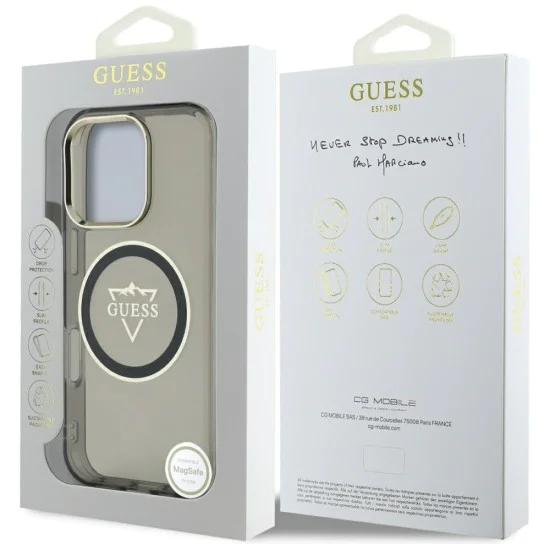 Калъф за iPhone 16 Pro Max - Guess IML Metal Mountain Logo MagSafe (GUHMP16XHFGTMSLSK) - черен