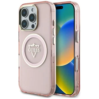 Калъф за iPhone 16 Pro Max - Guess IML Metal Mountain Logo MagSafe (GUHMP16XHFGTMSLSP) - Розов