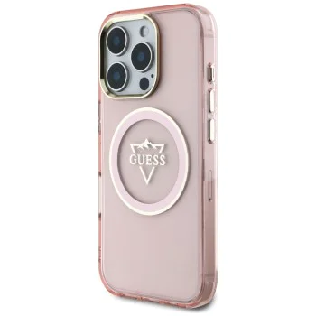 Калъф за iPhone 16 Pro Max - Guess IML Metal Mountain Logo MagSafe (GUHMP16XHFGTMSLSP) - Розов