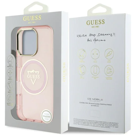 Калъф за iPhone 16 Pro Max - Guess IML Metal Mountain Logo MagSafe (GUHMP16XHFGTMSLSP) - Розов