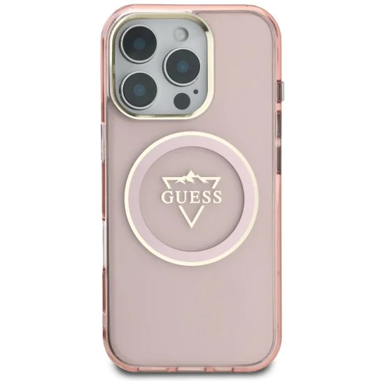 Калъф за iPhone 16 Pro Max - Guess IML Metal Mountain Logo MagSafe (GUHMP16XHFGTMSLSP) - Розов