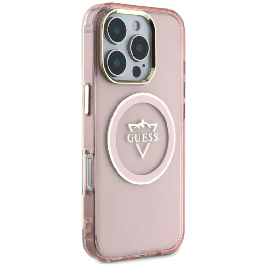 Калъф за iPhone 16 Pro Max - Guess IML Metal Mountain Logo MagSafe (GUHMP16XHFGTMSLSP) - Розов
