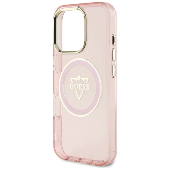 Калъф за iPhone 16 Pro Max - Guess IML Metal Mountain Logo MagSafe (GUHMP16XHFGTMSLSP) - Розов