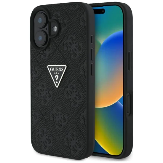 Калъф за iPhone 16 - кожен горещ печат 4G модел триъгълно метално лого (GUHCP16SPGP4STRK) - черен
