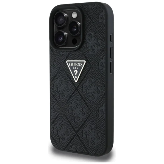 Калъф за iPhone 16 Pro - Кожен Hot Stamp 4G Pattern Triangle Metal Logo (GUHCP16LPGP4STRK) - Черен