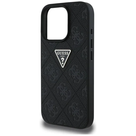 Калъф за iPhone 16 Pro - Кожен Hot Stamp 4G Pattern Triangle Metal Logo (GUHCP16LPGP4STRK) - Черен