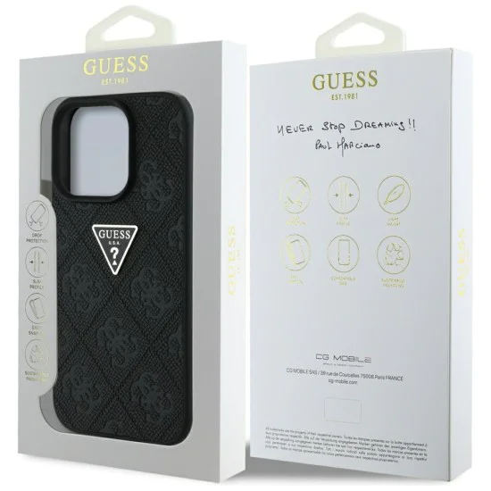 Калъф за iPhone 16 Pro - Кожен Hot Stamp 4G Pattern Triangle Metal Logo (GUHCP16LPGP4STRK) - Черен